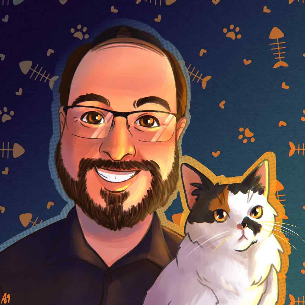 Illustration of Adam and his cat Phryne